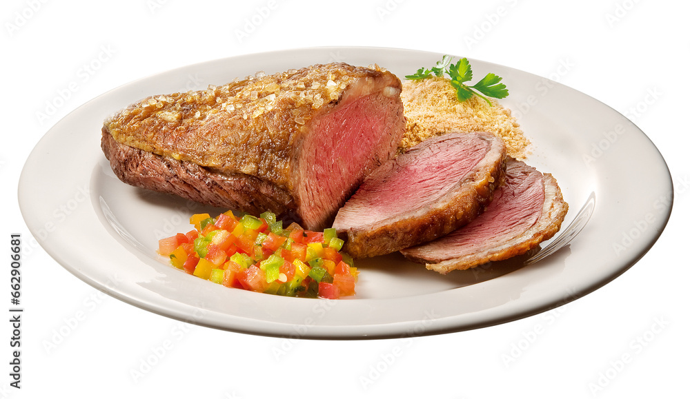 prato com picanha brasileira com crosta de sal grosso acompanhado de salada vinagrete e farofa isolado em fundo transparente - carne grelhado - churrasco brasileiro prato com picanha brasileira com crosta de sal grosso acompanhado de salada vinagrete e farofa isolado em fundo transparente - carne grelhado - churrasco brasileiro