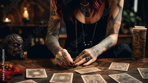 a close up of female hands drawing the tarot cards from the deck. A fortune teller woman with tattoos doing divination indoors photo