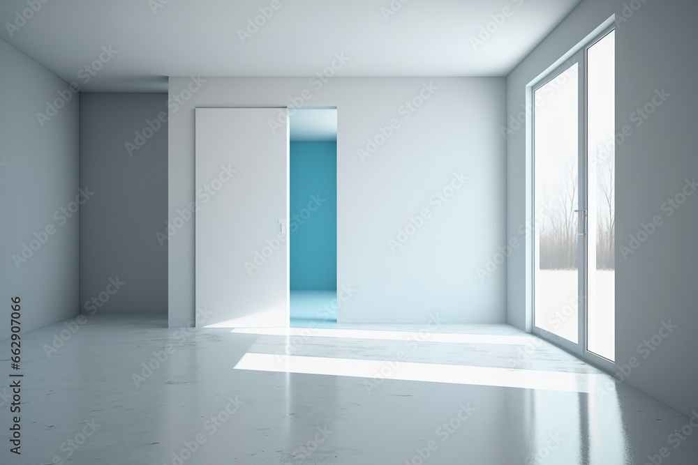 Light blue walls, a concrete floor, and big windows with a doorway characterize this empty room cormer. a mockup. Generative AI