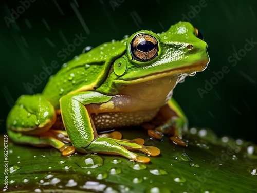 Rain-Kissed Green Frog on Leaf - Perfect for Nature Documentaries, Rainforest Explorations, and Wildlife Photography