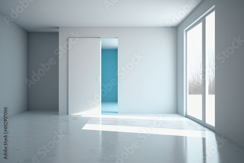 Light blue walls  a concrete floor  and big windows with a doorway characterize this empty room cormer. a mockup. Generative AI