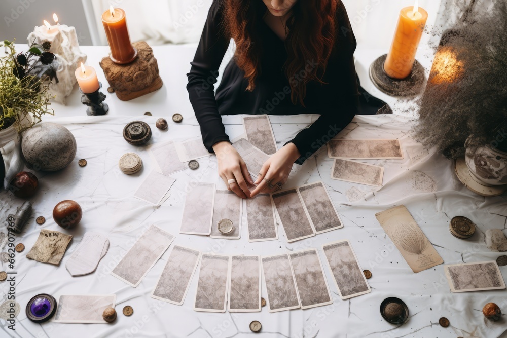 a close up of female hands drawing the tarot cards from the deck. A fortune teller woman with tattoos doing divination indoors, white and black color palette - obrazy, fototapety, plakaty 