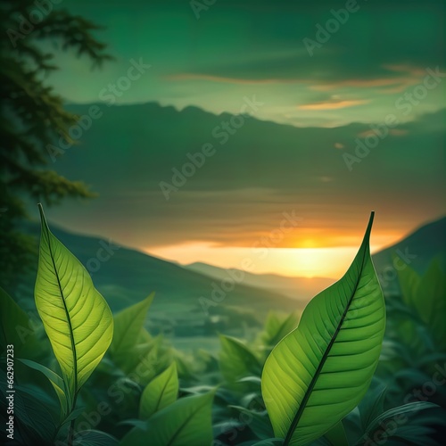 beautiful sunset in the forestillustration of the green landscape with sunset and mountains.  photo