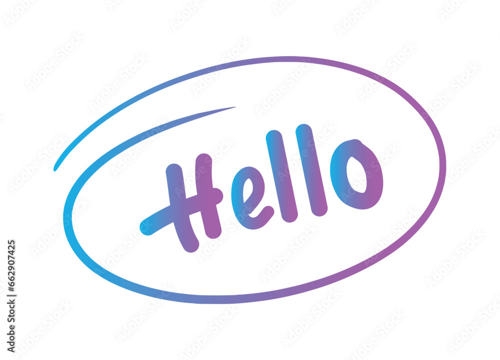 hand-drawn ellipse and blue-purple hello lettering. hello word hand-drawn ellipse and blue-purple hello lettering. hello word