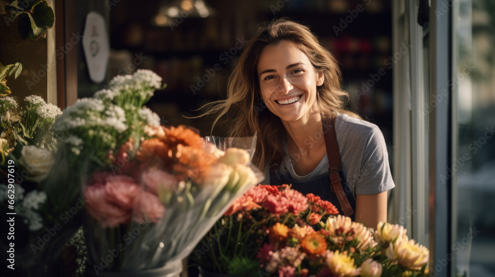 fleuriste souriante devant sa boutique