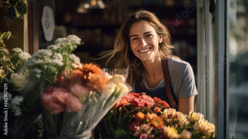 fleuriste souriante devant sa boutique