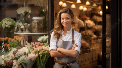 fleuriste souriante devant sa boutique