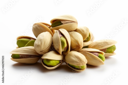 Cluster of Pistachio Nuts on White Background. AI generated