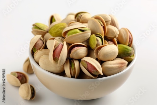 Fresh Pistachios in a Bowl on White Background. AI generated