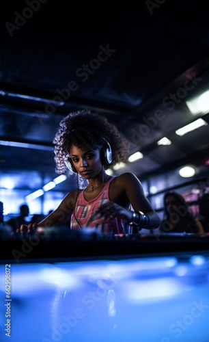 Young African American DJ woman playing music in a nightclub with neon lights © gonzagon