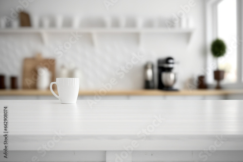 White color tone  blank white wooden table  interior with blurred background  product display template. Generative AI