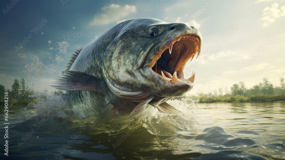 Fishing concept. Big freshwater fish just taken from the water - obrazy, fototapety, plakaty 