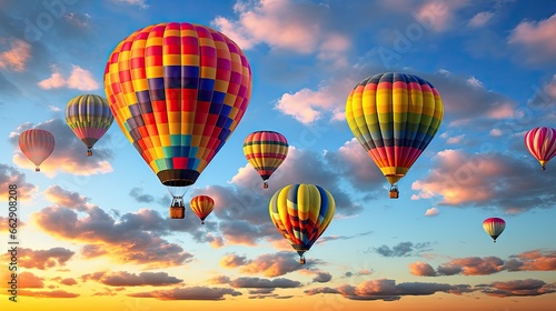  a group of hot air balloons flying through a cloudy sky.  generative ai © Olga