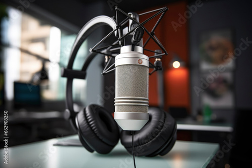 Professional studio microphone for podcasting. Microphone as a symbol for recording audio podcasts.