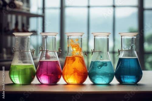 Reactive Colorful beakers chemicals tool. Set study. Generate Ai photo