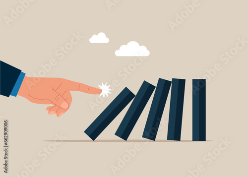 Finger pushing falling domino to make bigger one fall. Easy way to win business success. Vector illustration