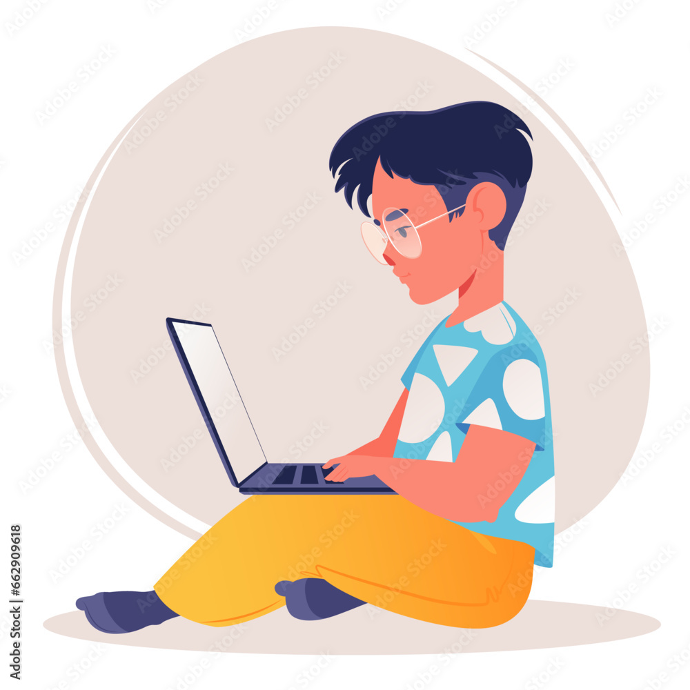 School-age or preschool-age child using laptop computer. Distance learning. Early development with help of modern technology or computer addiction, student cartoon vector character learning online. School-age or preschool-age child using laptop computer. Distance learning. Early development with help of modern technology or computer addiction, student cartoon vector character learning online.