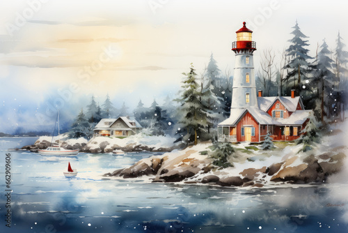 a watercolor painting of a lighthouse on a rocky shore during winter photo
