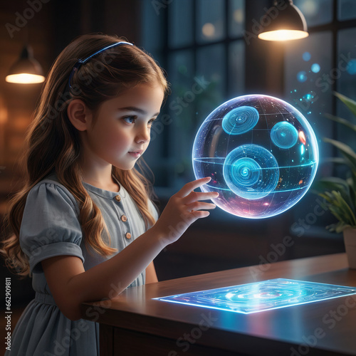 A young girl interacting with a holographic AI tutor