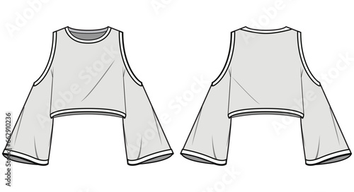 Crew Neck Bell Sleeve Cold Shoulder Crop Top Front and Back View. Fashion Flat Sketch Vector Illustration, CAD, Technical Drawing, Flat Drawing, Template, Mockup.
