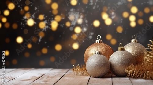 Christmas baubles set against a blurred evening cityscape, radiating festive bokeh lights