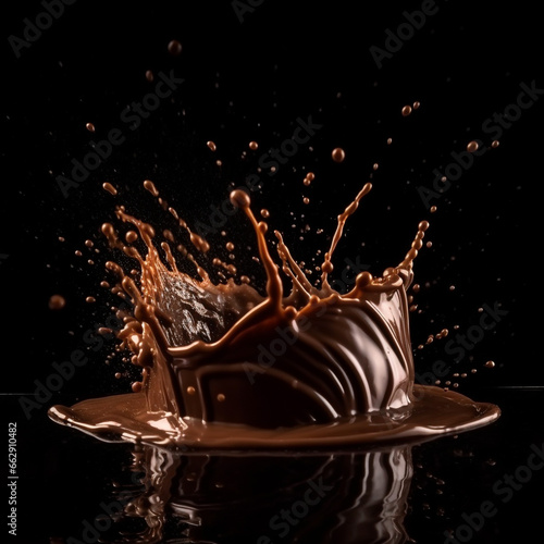 Dark chocolate on a dark background, splashes of liquid chocolate on a beautiful background, macro. For collage.