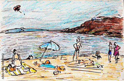 beach and sea with pets in Croatia on a warm day Hand drawn illustration