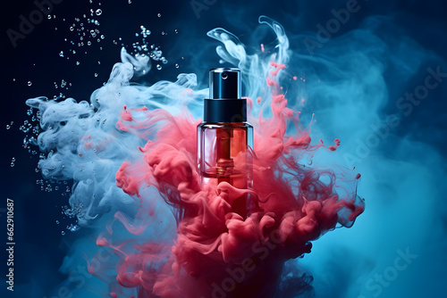 Cosmetics bottle floating on water, red and blue colors photo