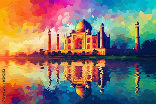 Vibrant Taj Mahal artwork on canvas, exhibiting the fauvism art style. Generative AI