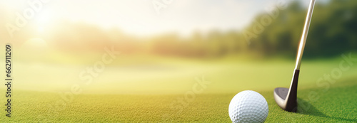Golf ball on grass in fairway green background. Banner for advertising with copy space. Sport and athletic concept. 3D illustration rendering photo