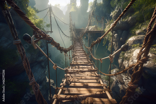 Old wooden suspension rope bridge between rocks