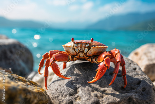 Red crab on stone with sea and mountains background © Lazy_Bear