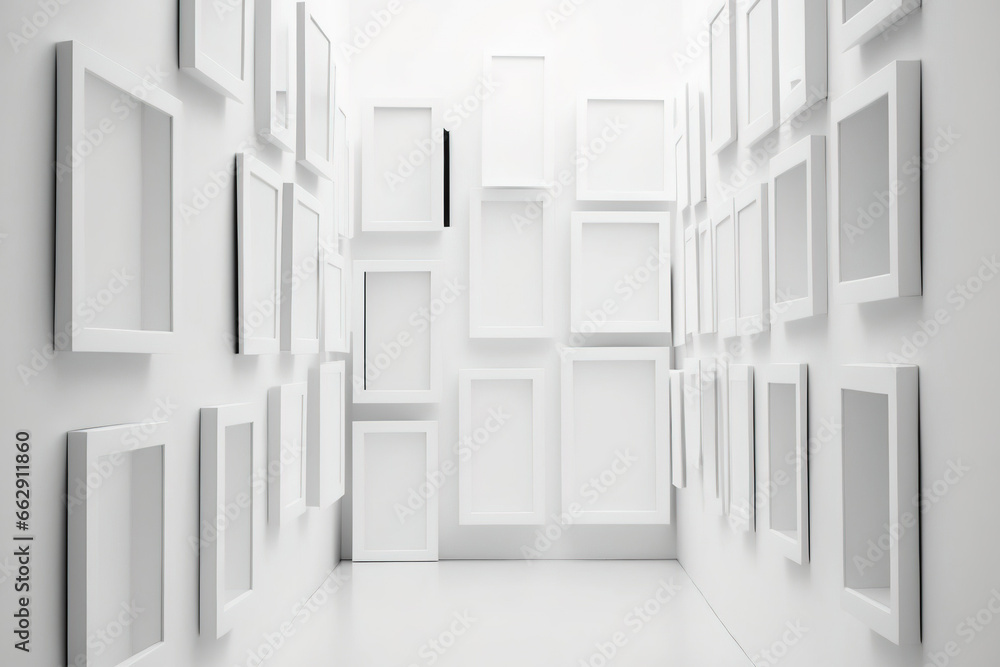 Obraz premium On the wall of white cement, empty white picture frames are hung. a lot of picture frames against a white background. Background, wallpaper, decoration, and copy space image. Generative AI