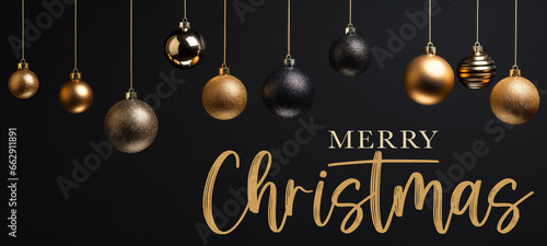 Merry Christmas, festive celebration holiday holidays greeting card with text - Hanging gold black ornaments ( christmas baubles balls ) on black wall texture background photo