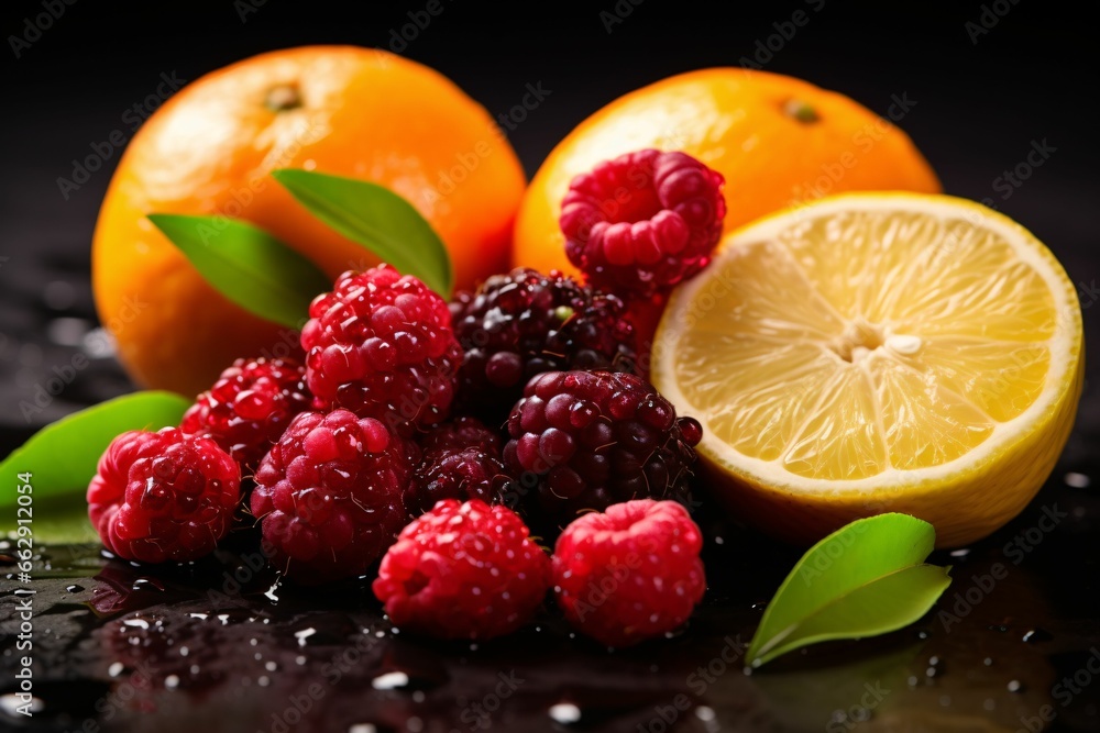 Fresh raspberries and oranges with mint on a black background. Selective focus. Fresh raspberries and oranges with mint on a black background. Selective focus.