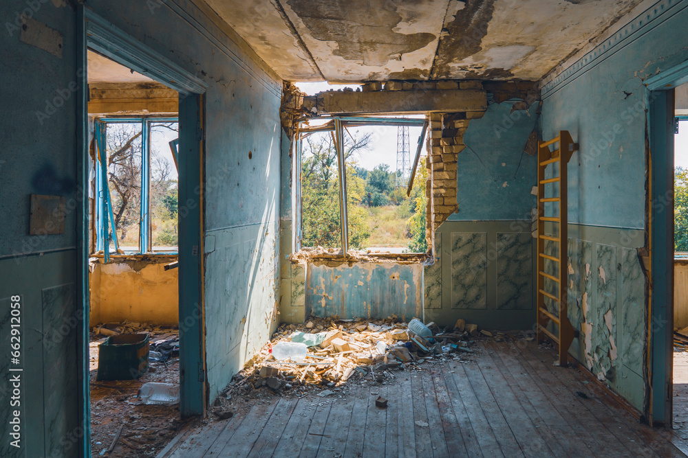 View from inside a house destroyed by shelling. War in Ukraine
