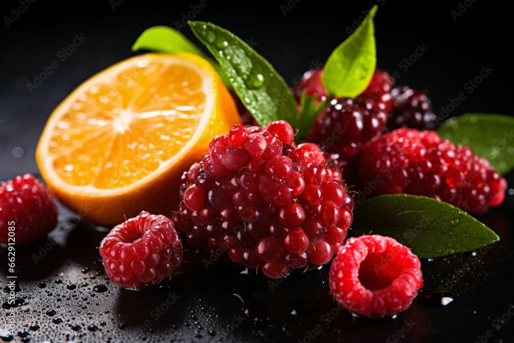 Fresh raspberries and oranges with mint on a black background. Selective focus. Fresh raspberries and oranges with mint on a black background. Selective focus.