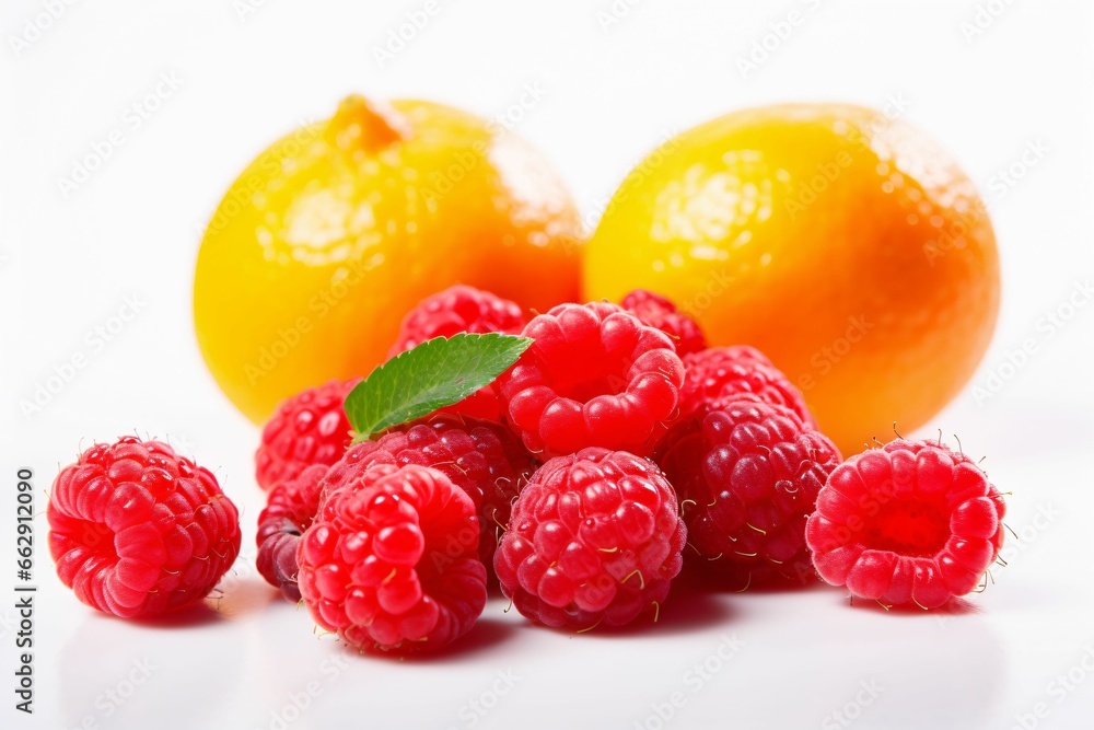 Fruits and berries on a white background. Orange, raspberry Fruits and berries on a white background. Orange, raspberry