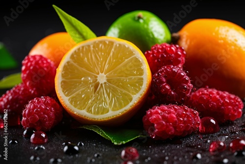 Fresh raspberries and oranges with mint on a black background. Selective focus. photo