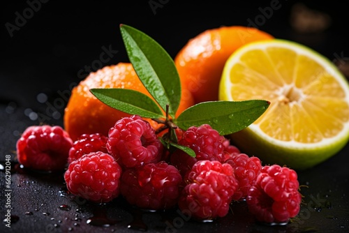 Fresh raspberries and oranges with mint on a black background. Selective focus.