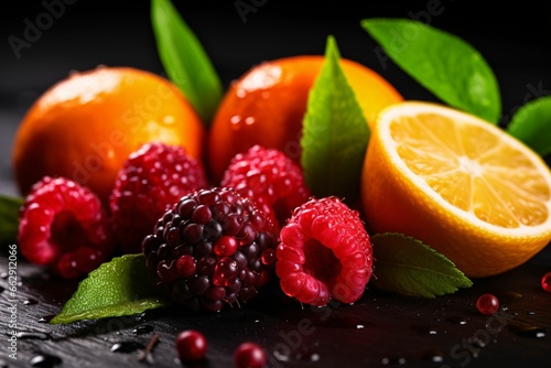 Fresh raspberries and oranges with mint on a black background. Selective focus.