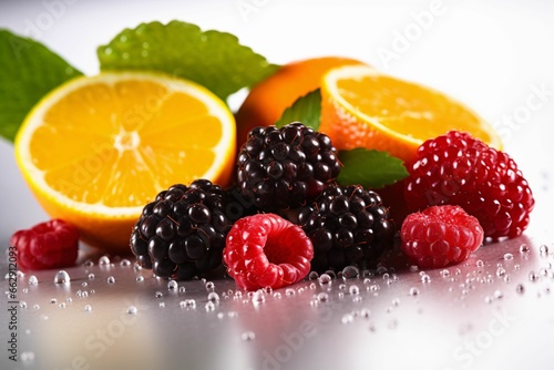 Fresh raspberries, blackberries and orange slices with water drops on black background
