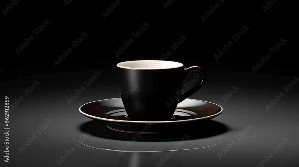 a black coffee cup and saucer on a black table. generative ai a black coffee cup and saucer on a black table. generative ai
