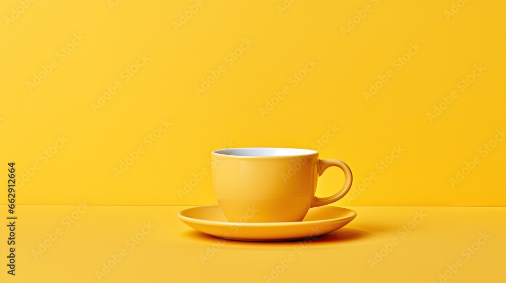 a yellow coffee cup and saucer on a yellow background. generative ai a yellow coffee cup and saucer on a yellow background. generative ai