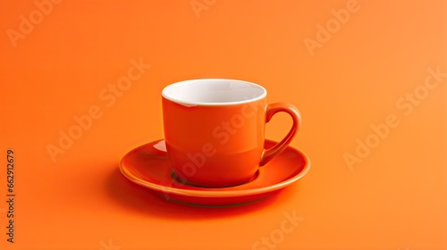  an orange cup and saucer on an orange background with a white rim. generative ai