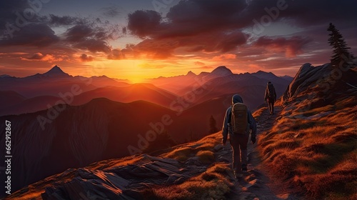  a group of people walking up a hill at sunset with mountains in the background.  generative ai © Olga