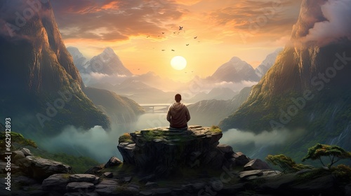  a person sitting on a rock looking at a sunset over a mountain range. generative ai