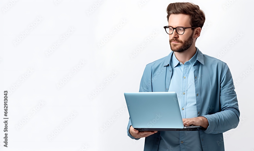 Confident young man in eyeglasses using laptop while standing against grey background Confident young man in eyeglasses using laptop while standing against grey background