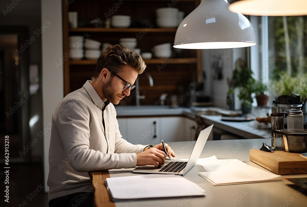 Serious young man in eyeglasses using laptop while working at home Serious young man in eyeglasses using laptop while working at home