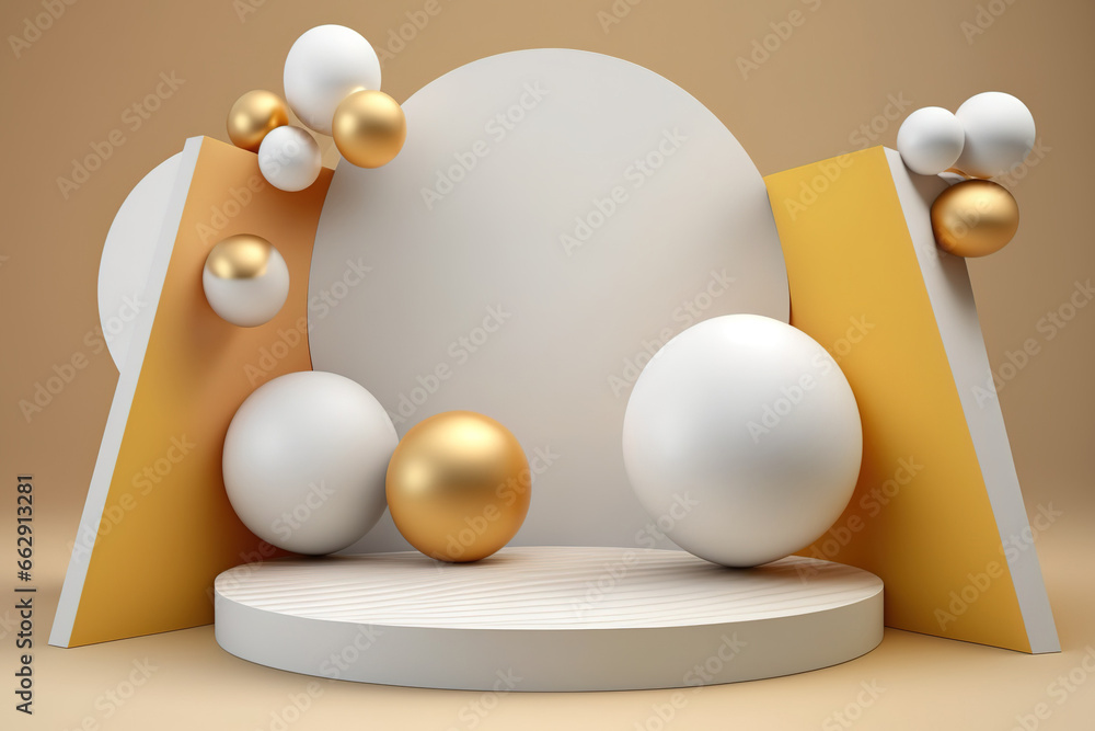 a mockup for a product presentation that shows a spherical pedestal with balls all around it. Generative AI a mockup for a product presentation that shows a spherical pedestal with balls all around it. Generative AI